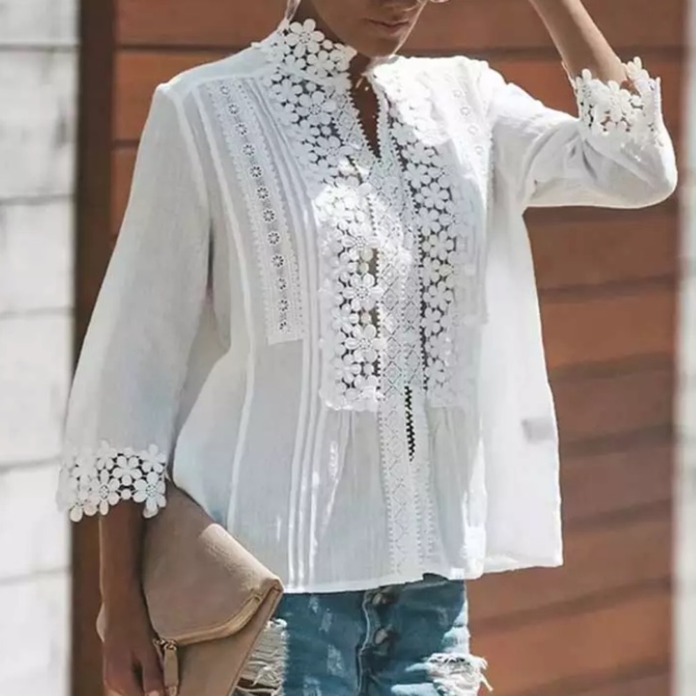 SOLD OUT White Bohemian Lace Crochet Button Front Blouse - Picture 3 of 4
